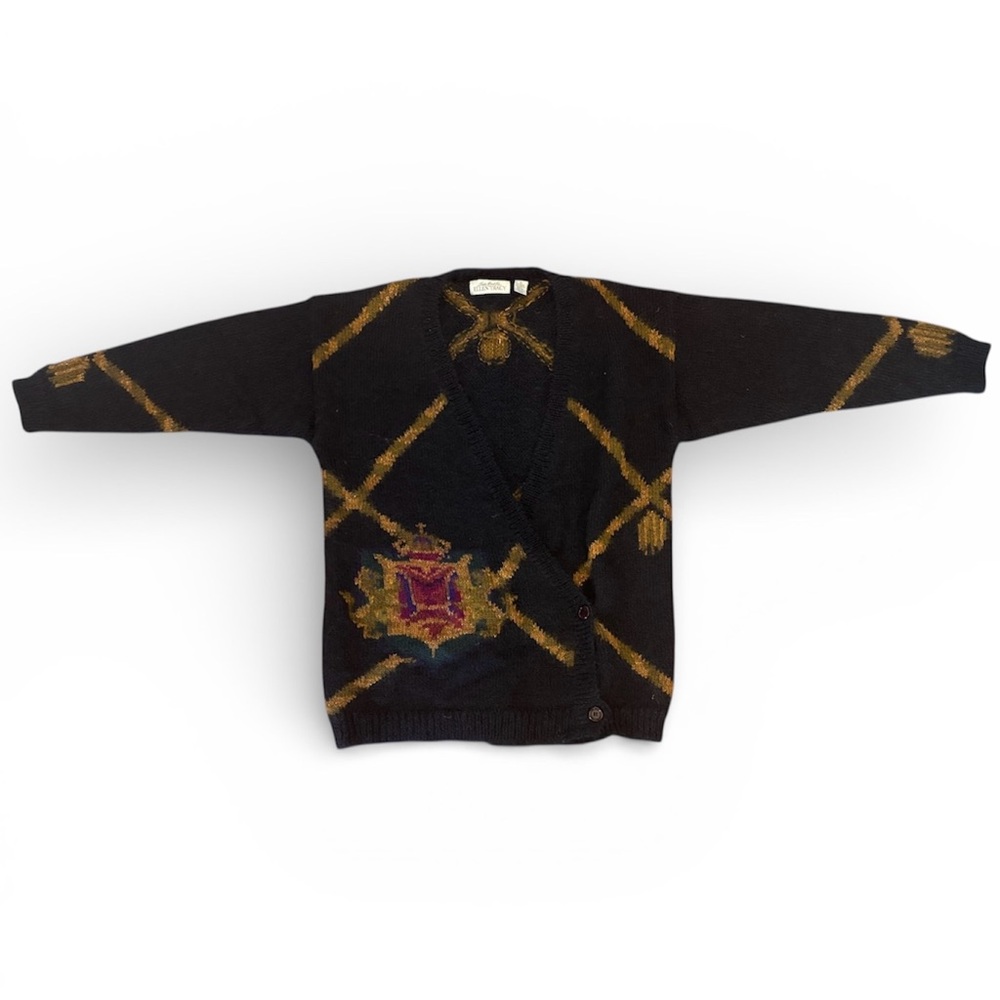 Linda Allard for Ellen Tracy Mohair Blend Cardigan Sweater Argyle Navy Gold M